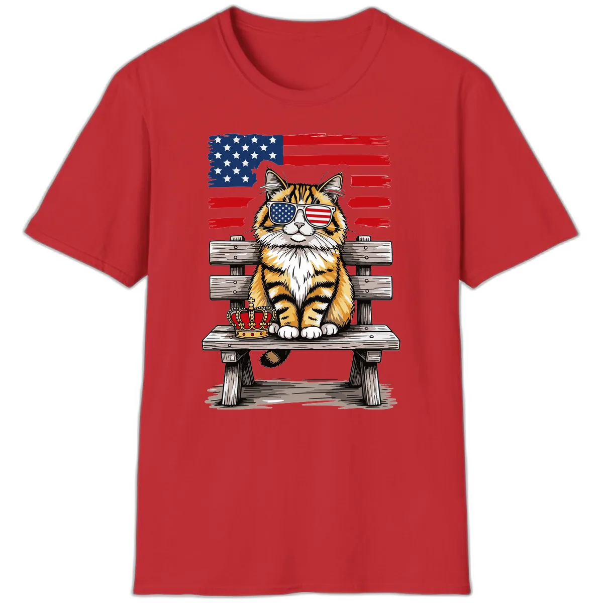 Patriotic Tabby Cat with Crown and American Flag T-Shirt in Red