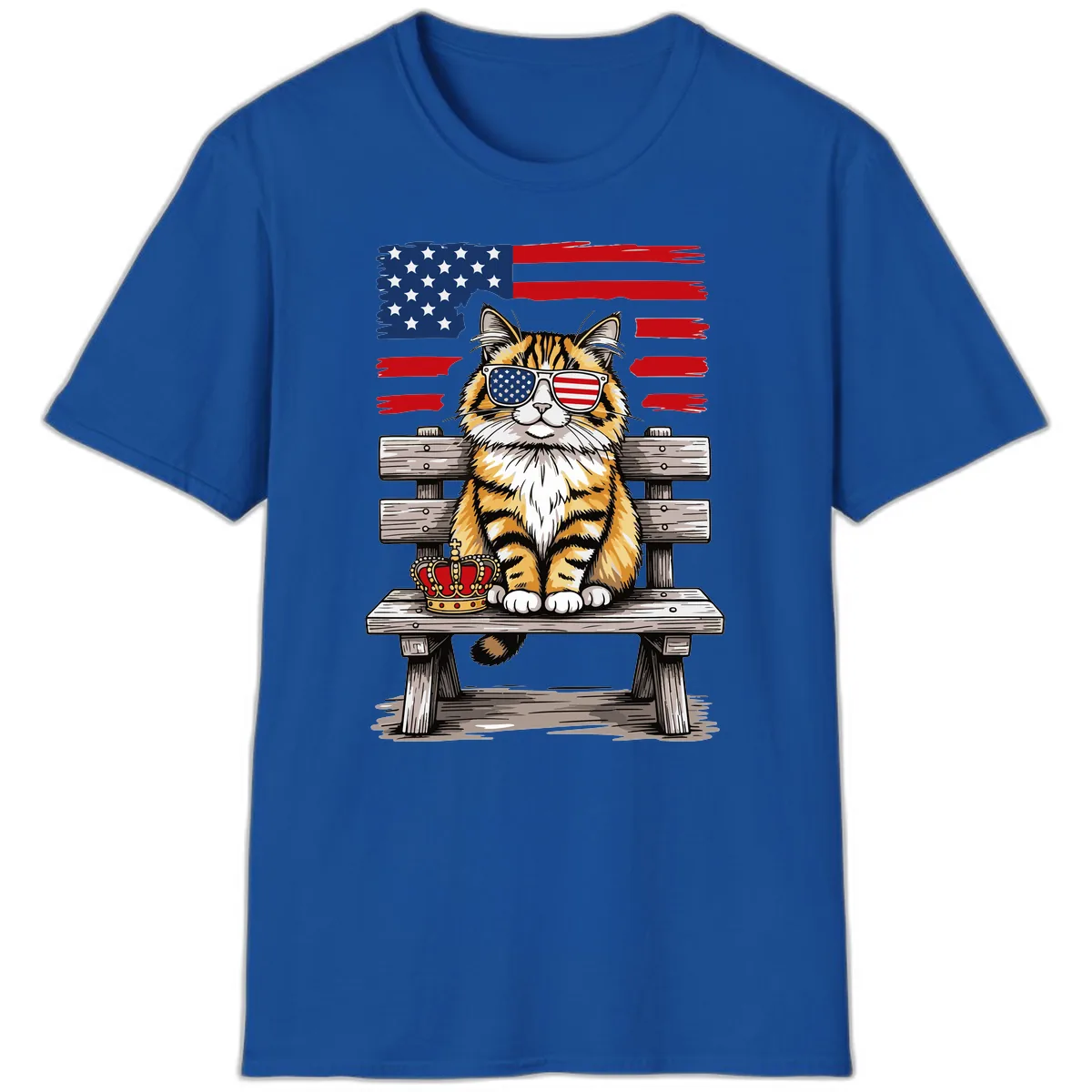 Patriotic Tabby Cat with Crown and American Flag T-Shirt in Royal
