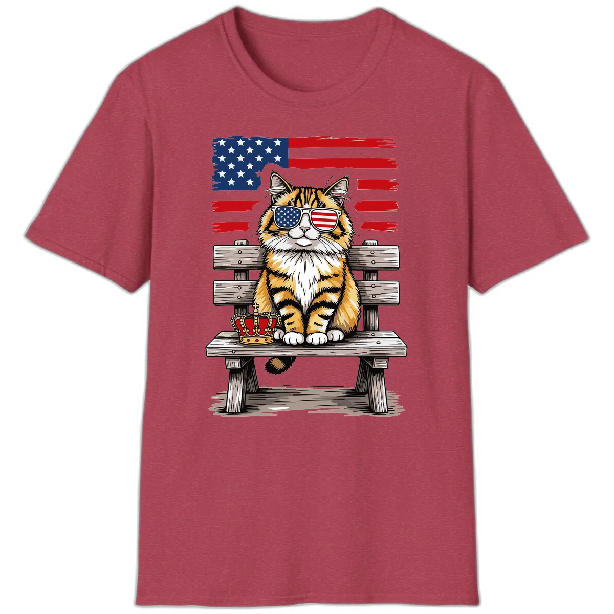 Patriotic Tabby Cat with Crown and American Flag T-Shirt in Heather Cardinal