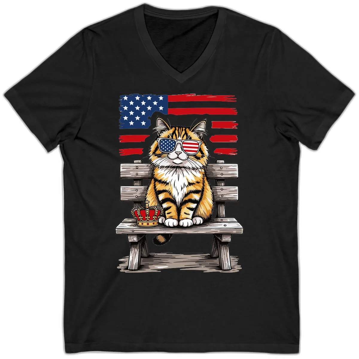 Patriotic Tabby Cat with Crown and American Flag V-Neck in Black