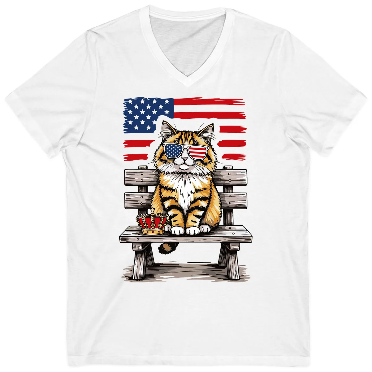 Patriotic Tabby Cat with Crown and American Flag V-Neck in White