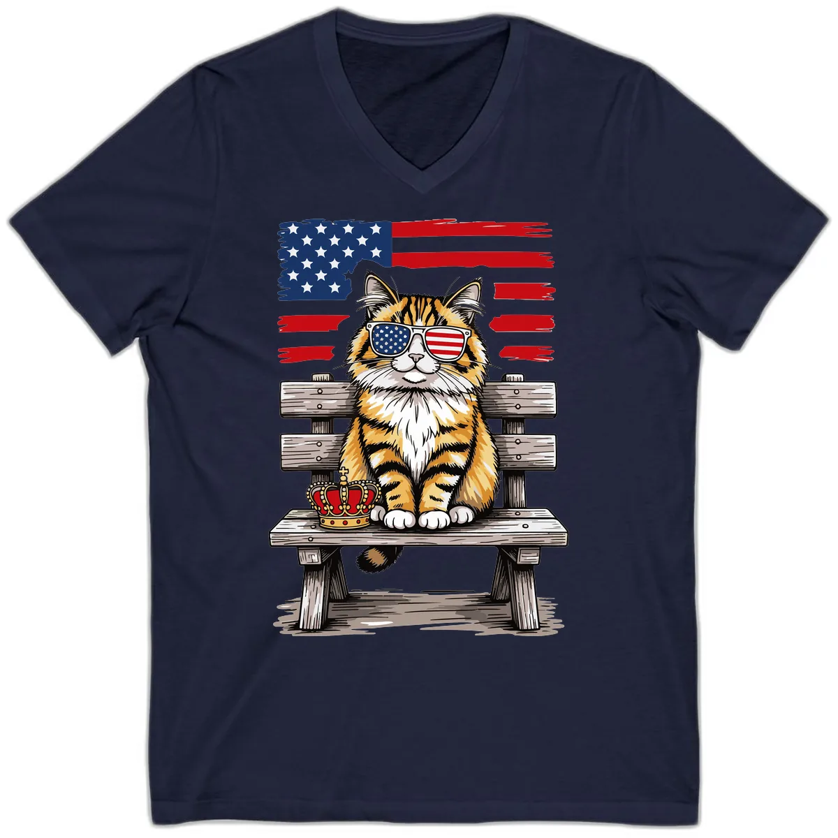 Patriotic Tabby Cat with Crown and American Flag V-Neck in Navy