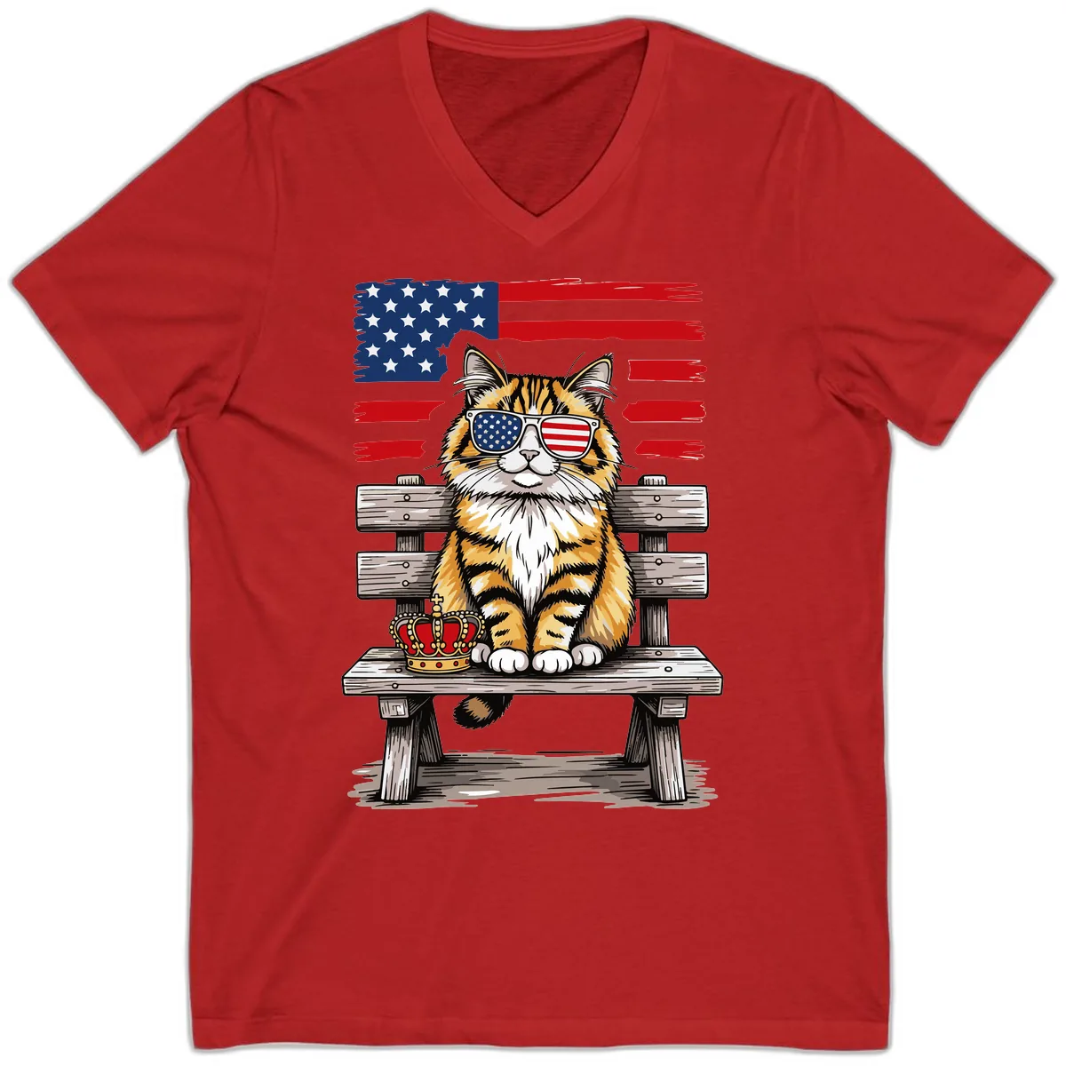 Patriotic Tabby Cat with Crown and American Flag V-Neck in Red