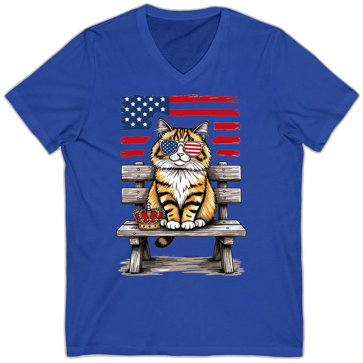 Patriotic Tabby Cat with Crown and American Flag V-Neck in True Royal
