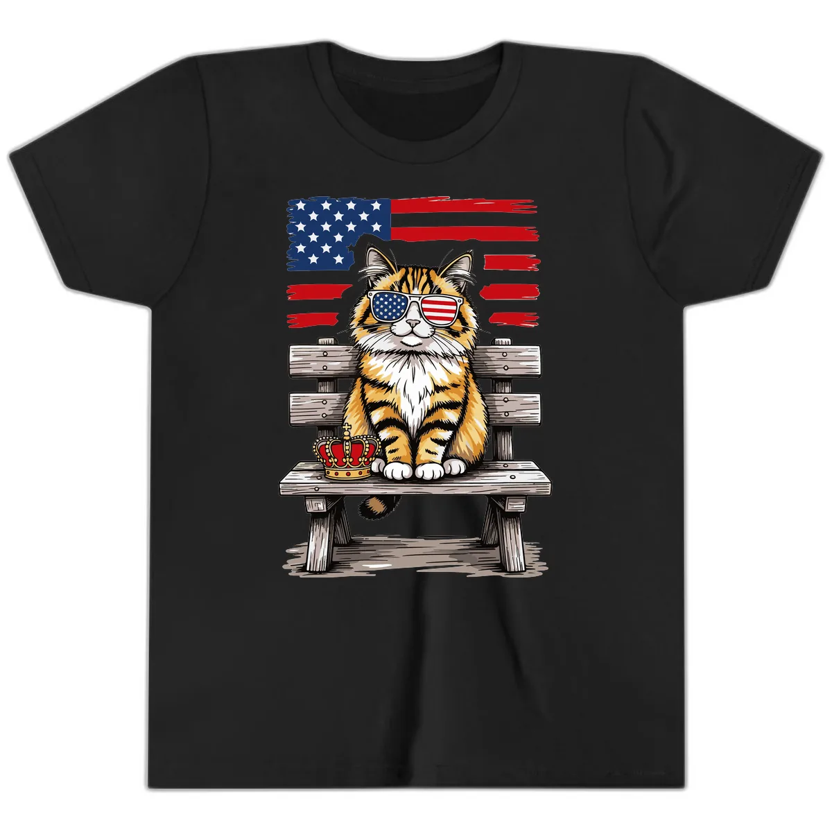 Patriotic Tabby Cat with Crown and American Flag Youth T-Shirt in Black