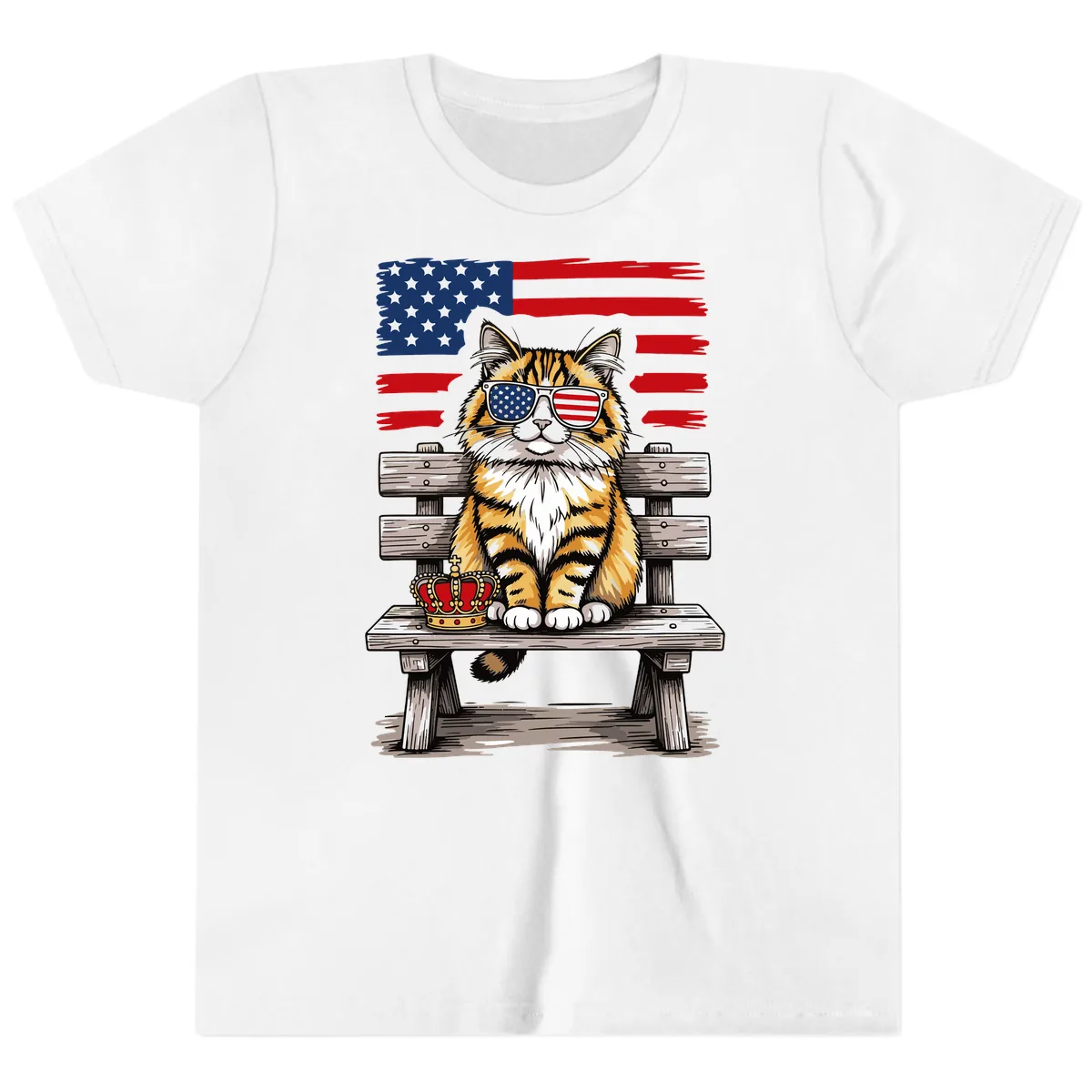 Patriotic Tabby Cat with Crown and American Flag Youth T-Shirt in White