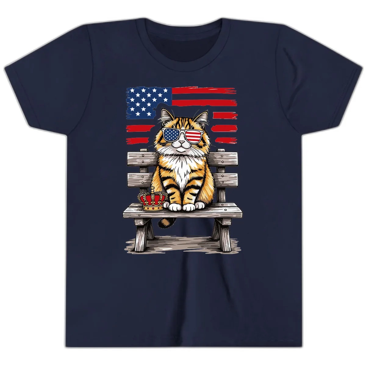 Patriotic Tabby Cat with Crown and American Flag Youth T-Shirt in Navy