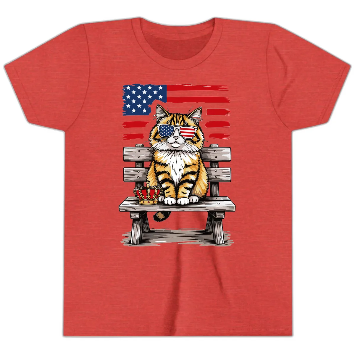 Patriotic Tabby Cat with Crown and American Flag Youth T-Shirt in Heather Red