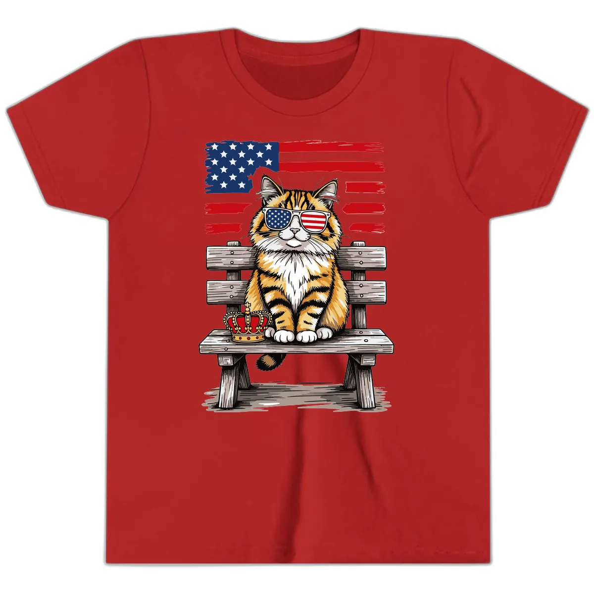 Patriotic Tabby Cat with Crown and American Flag Youth T-Shirt in Red