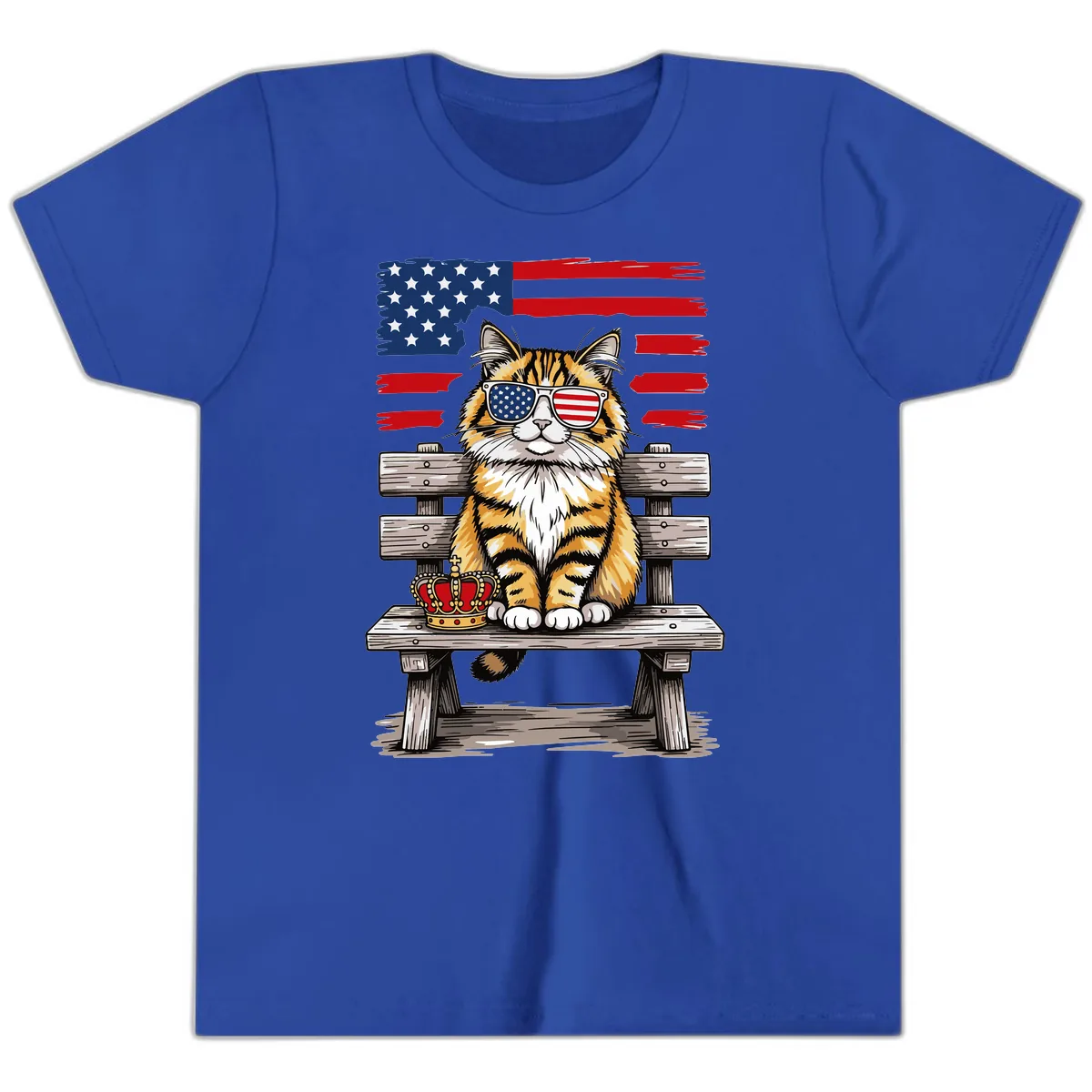 Patriotic Tabby Cat with Crown and American Flag Youth T-Shirt in True Royal