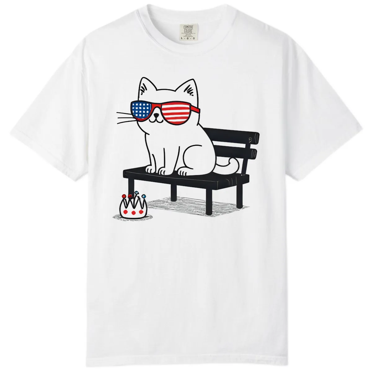 Patriotic Cat in Sunglasses on Bench Comfort Color in White