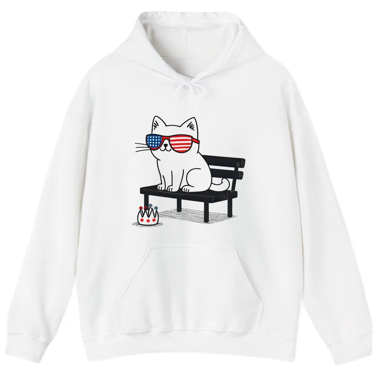 Patriotic Cat in Sunglasses on Bench Hoodie in White