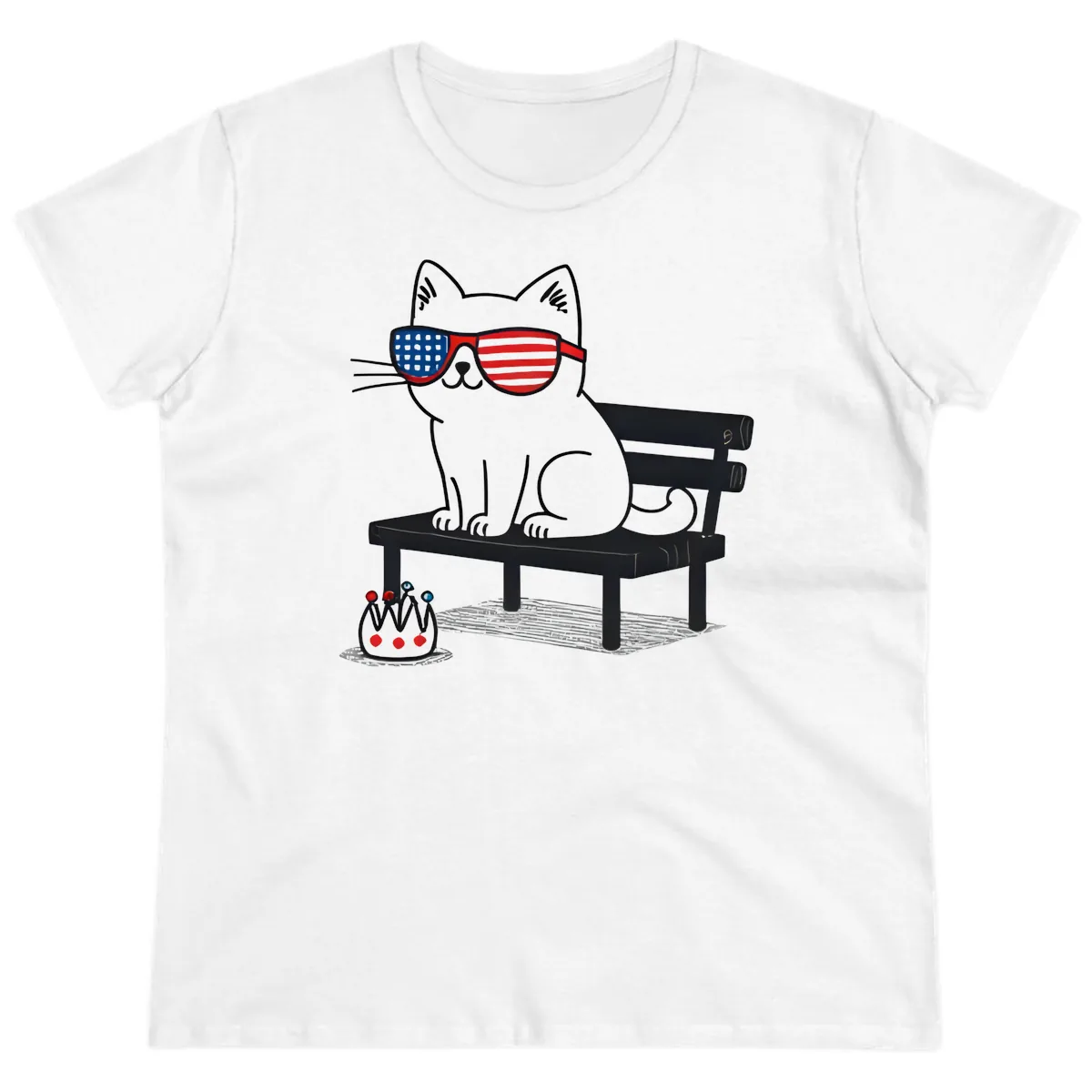 Patriotic Cat in Sunglasses on Bench Ladies Tee in White