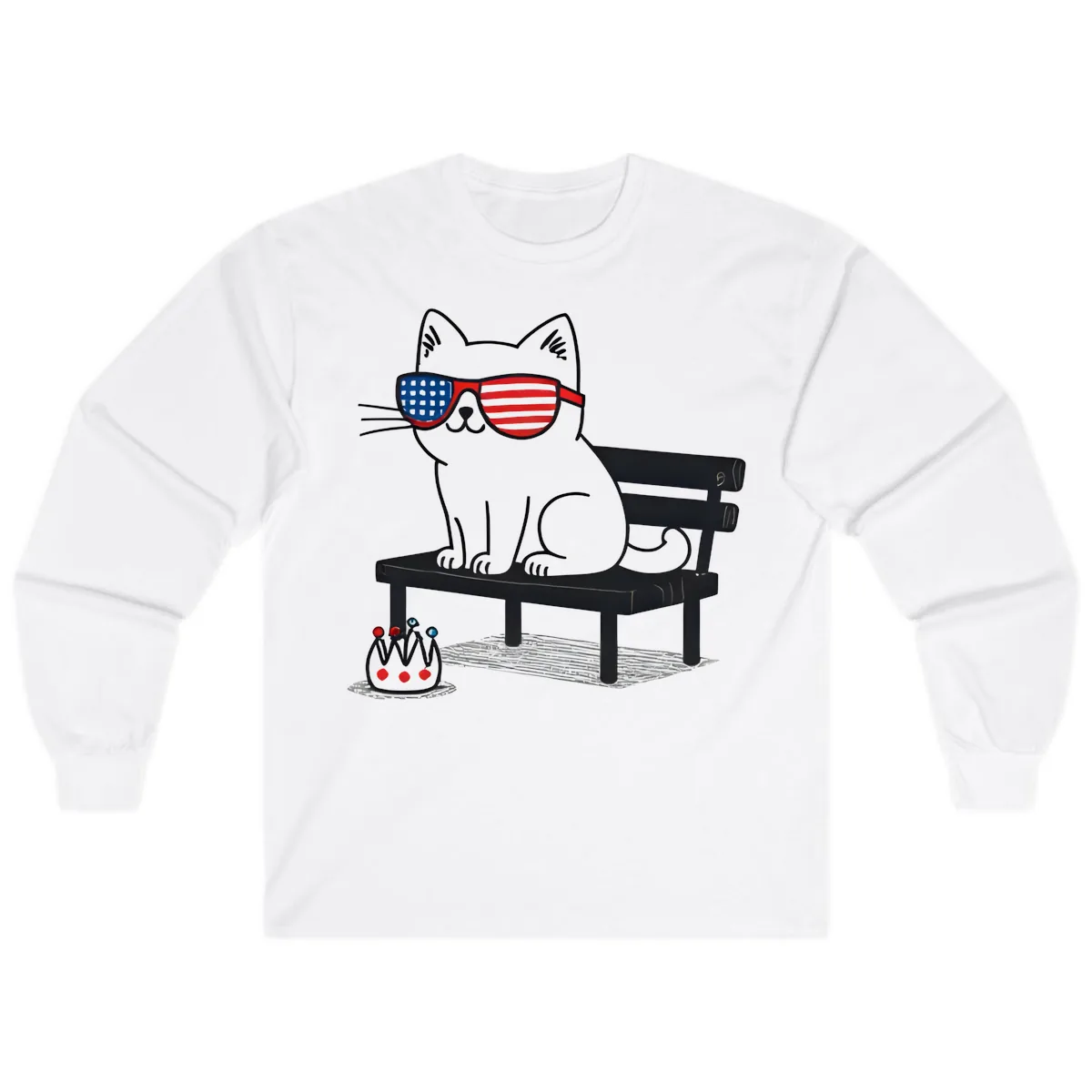 Patriotic Cat in Sunglasses on Bench Long Sleeve in White