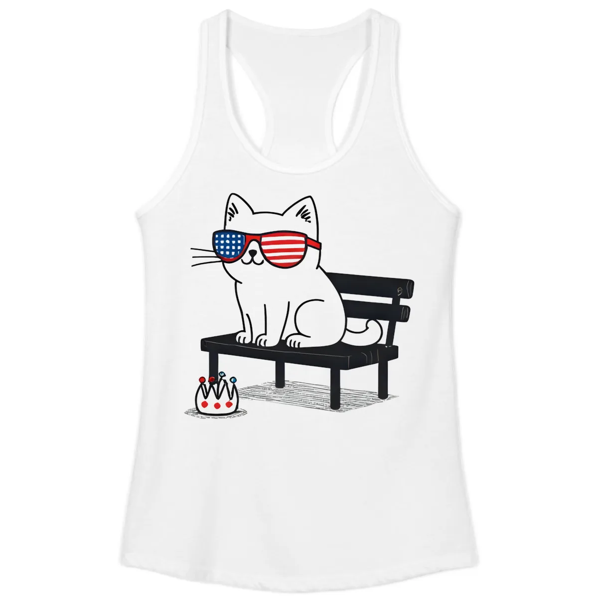 Patriotic Cat in Sunglasses on Bench Ladies Tank in White