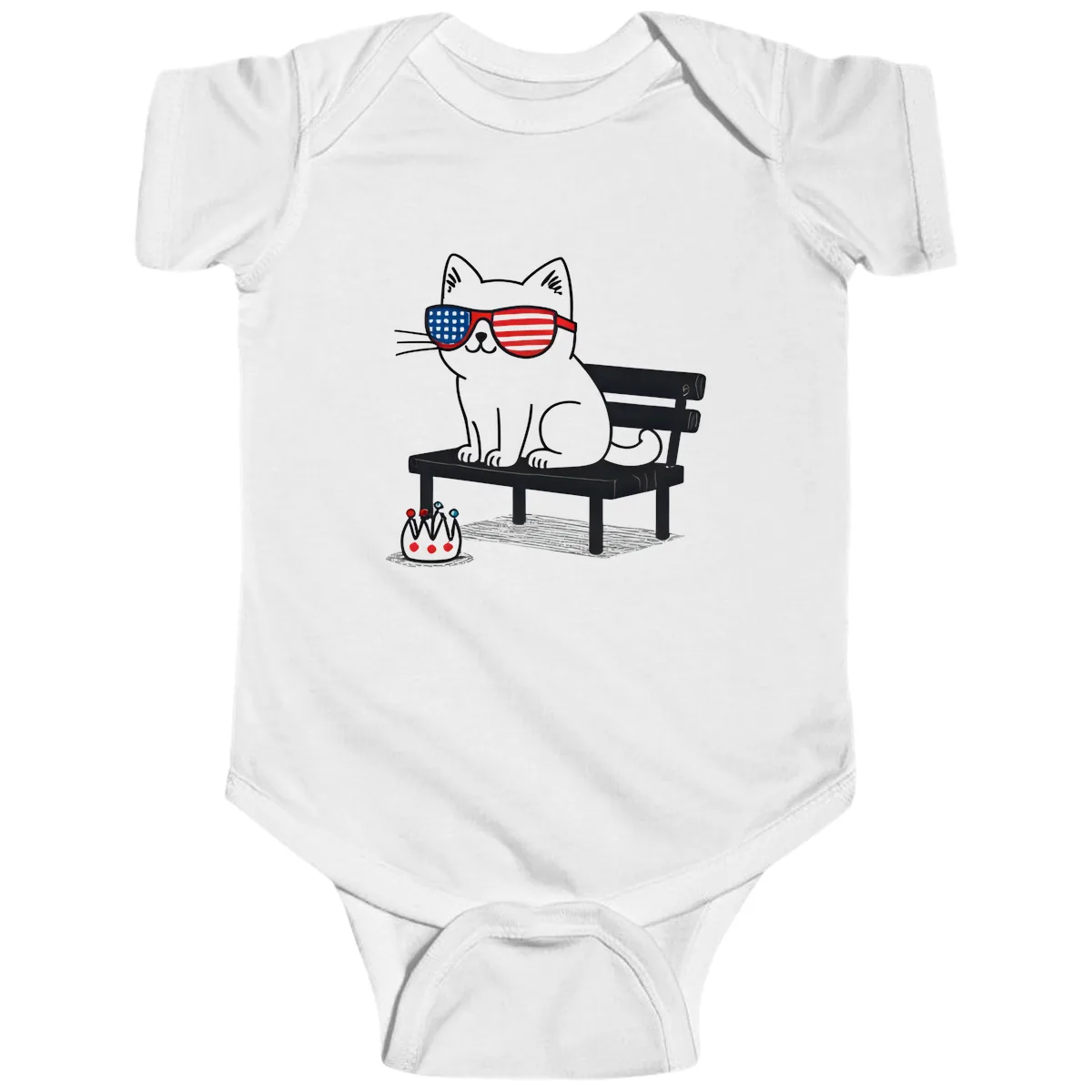 Patriotic Cat in Sunglasses on Bench Baby Onesie in White