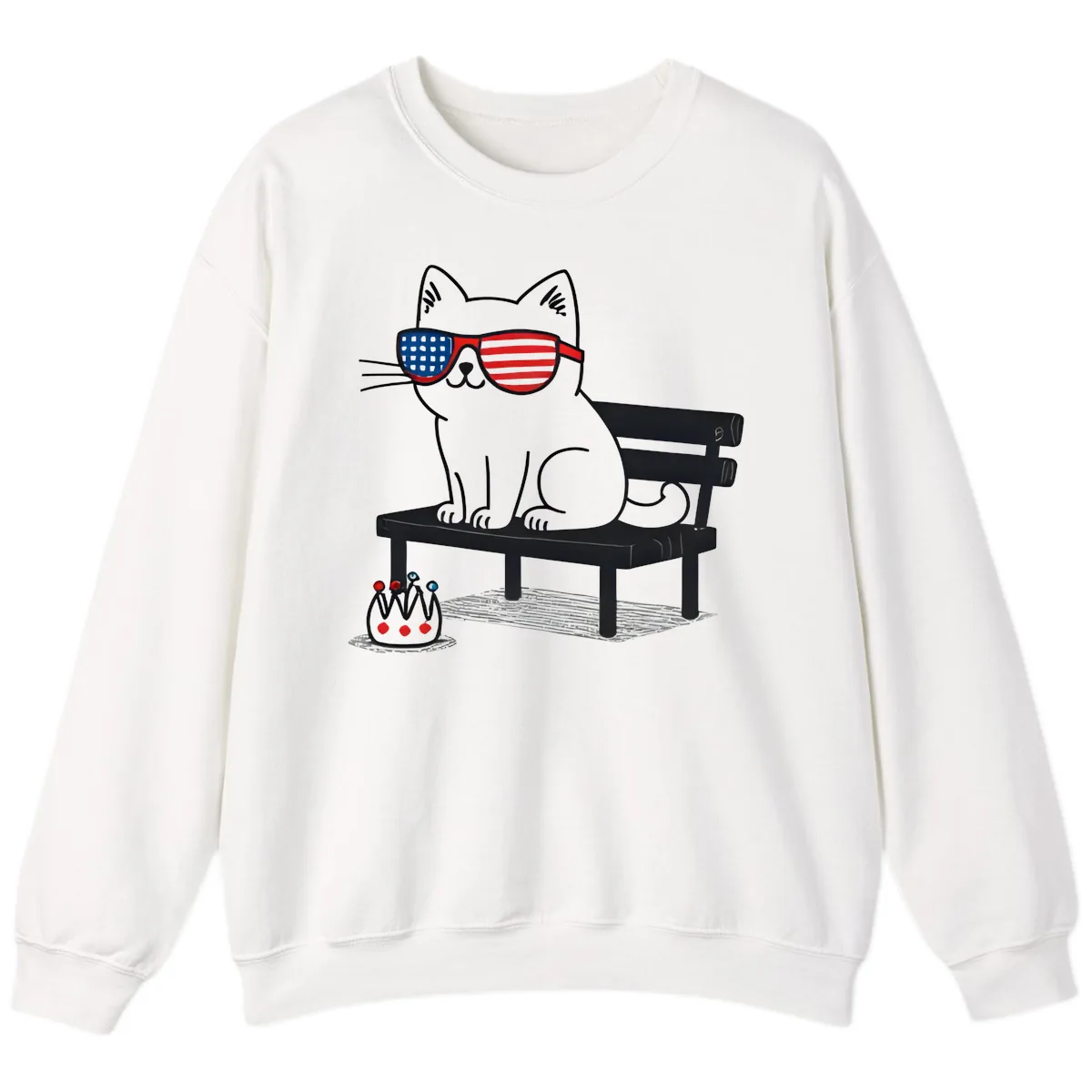 Patriotic Cat in Sunglasses on Bench Sweatshirt in White