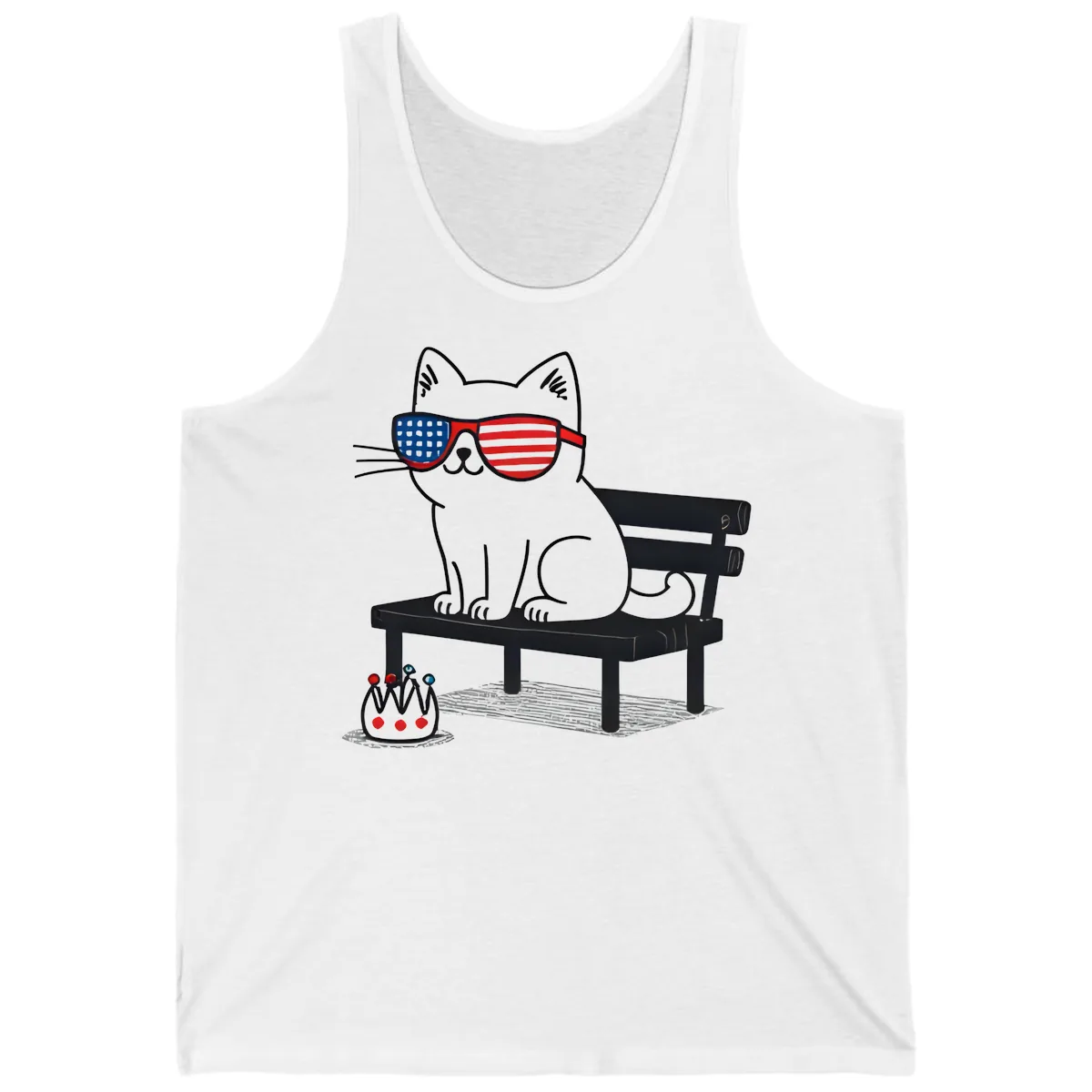 Patriotic Cat in Sunglasses on Bench Tank in White