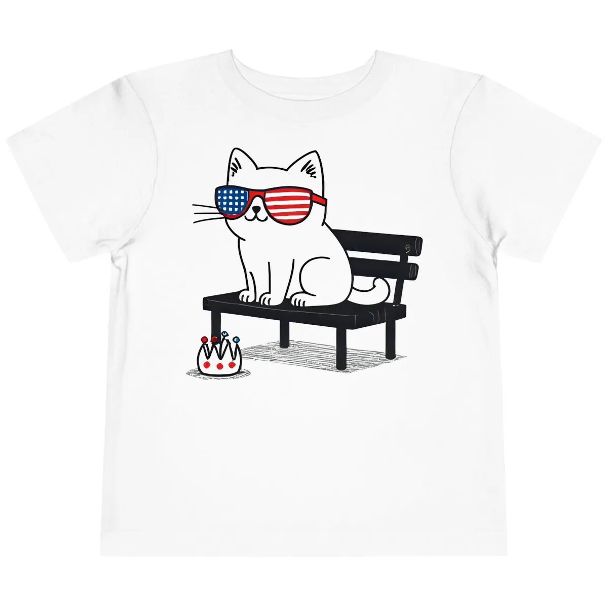 Patriotic Cat in Sunglasses on Bench Toddler T-Shirt in White