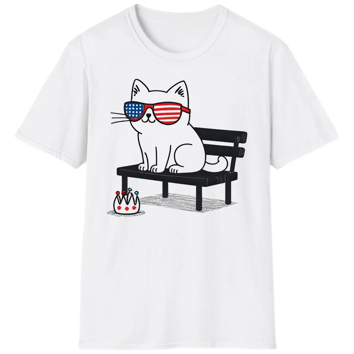 Patriotic Cat in Sunglasses on Bench T-Shirt in White