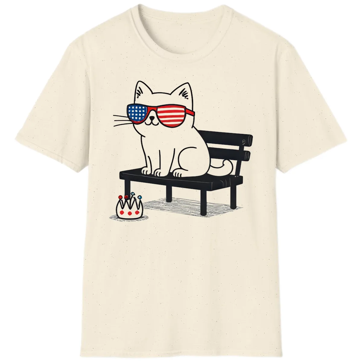 Patriotic Cat in Sunglasses on Bench T-Shirt in Natural