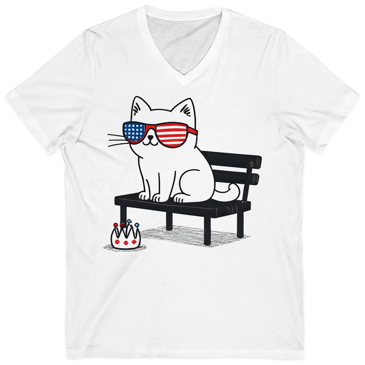 Patriotic Cat in Sunglasses on Bench V-Neck in White