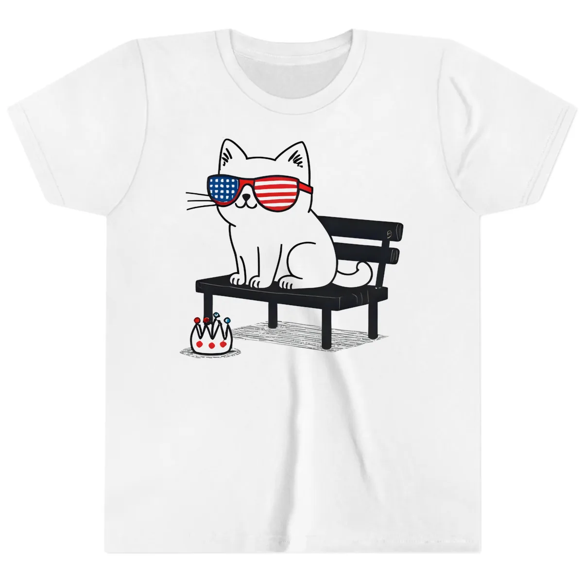 Patriotic Cat in Sunglasses on Bench Youth T-Shirt in White