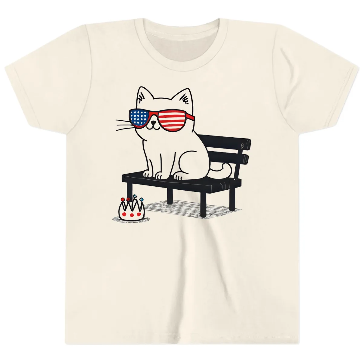 Patriotic Cat in Sunglasses on Bench Youth T-Shirt in Natural