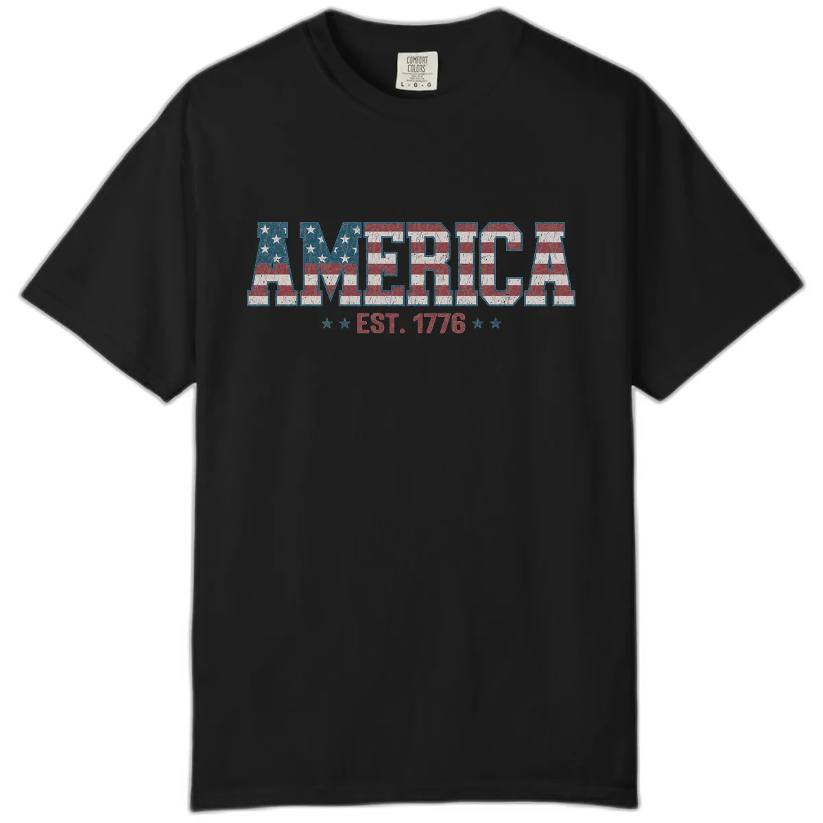 Distressed American Flag Est. 1776 Design Comfort Color in Black
