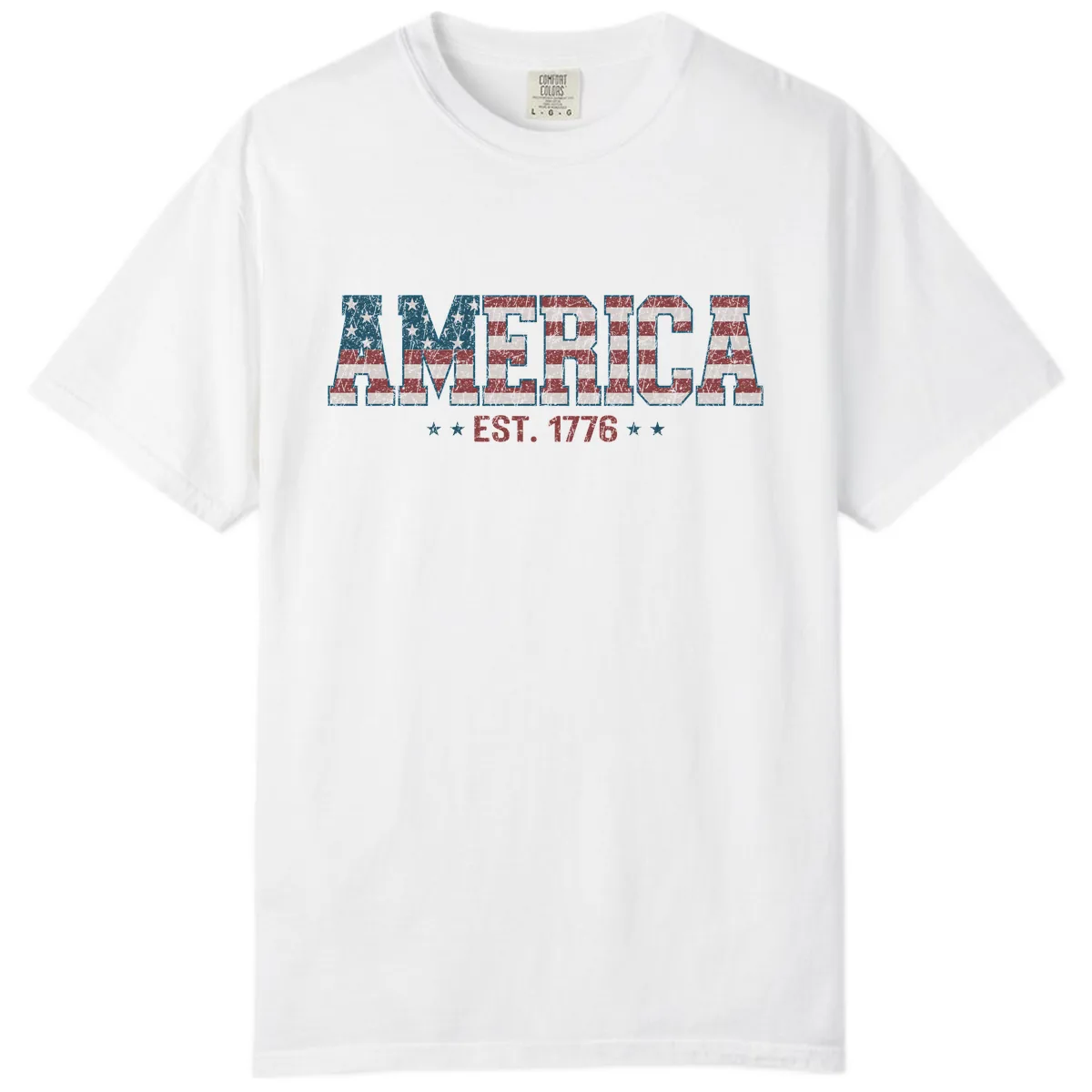 Distressed American Flag Est. 1776 Design Comfort Color in White