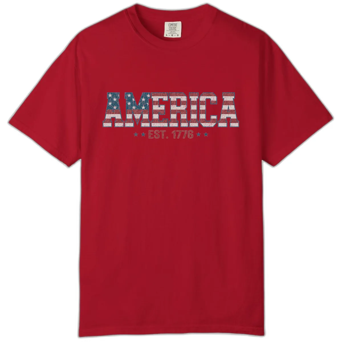 Distressed American Flag Est. 1776 Design Comfort Color in Red