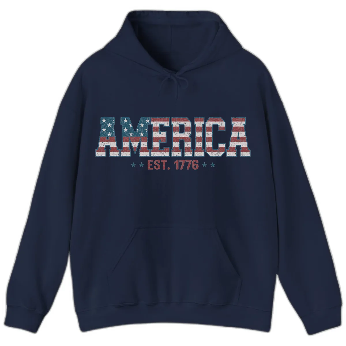 Distressed American Flag Est. 1776 Design Hoodie in Navy