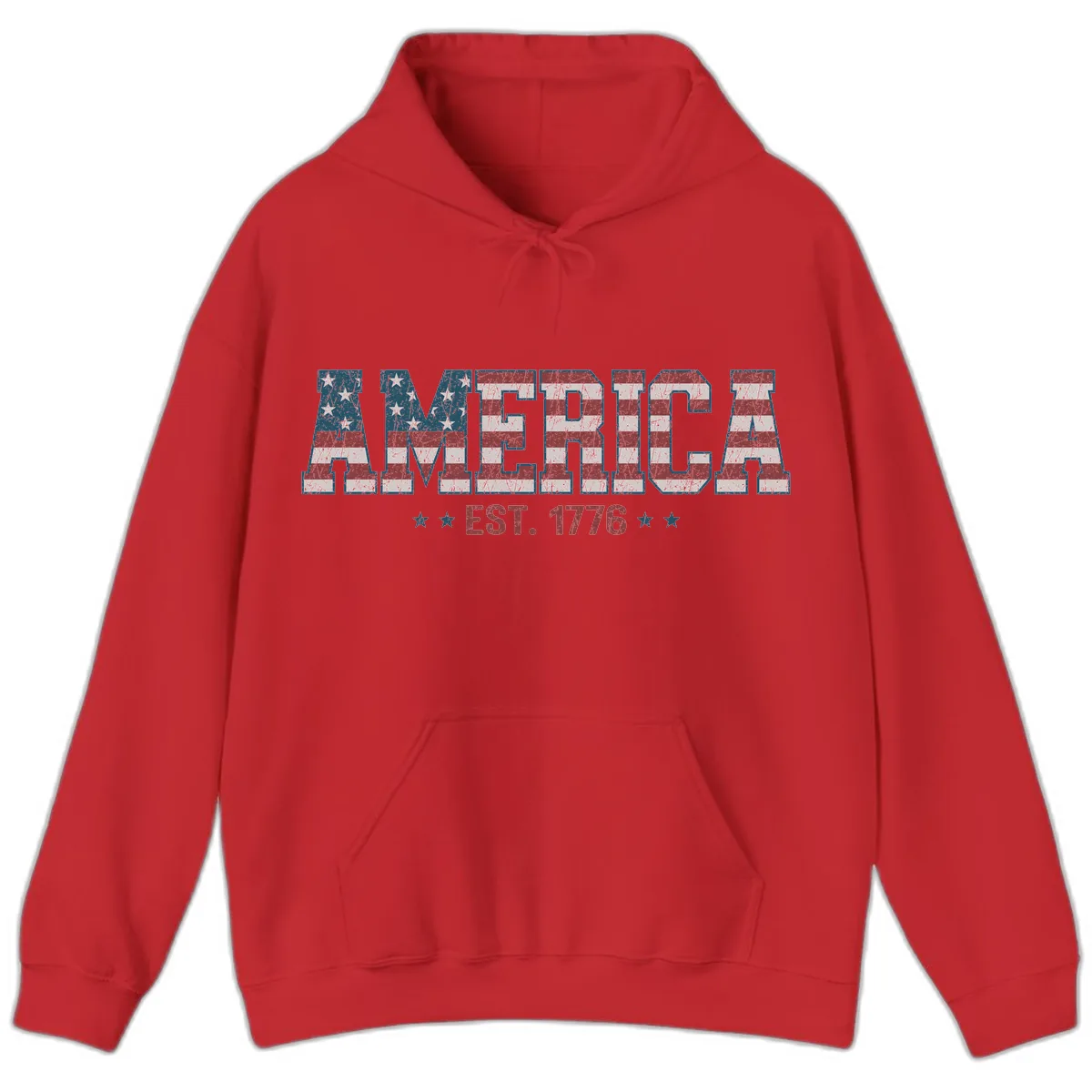 Distressed American Flag Est. 1776 Design Hoodie in Red