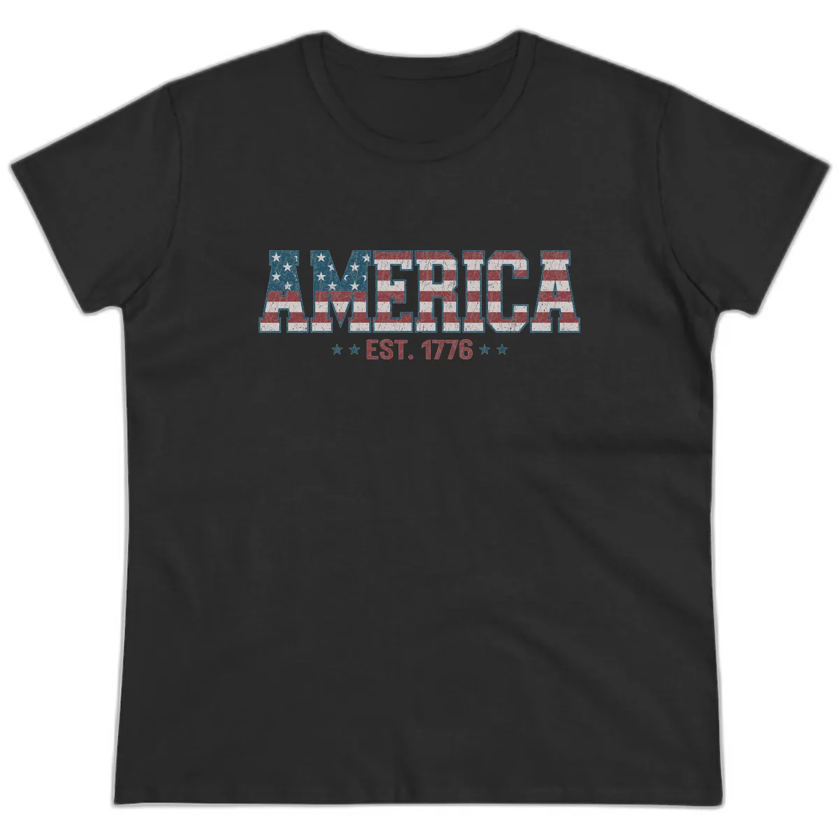 Distressed American Flag Est. 1776 Design Ladies Tee in Black
