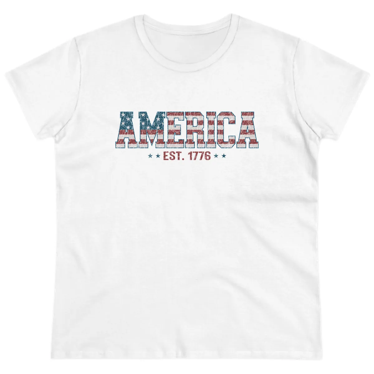 Distressed American Flag Est. 1776 Design Ladies Tee in White