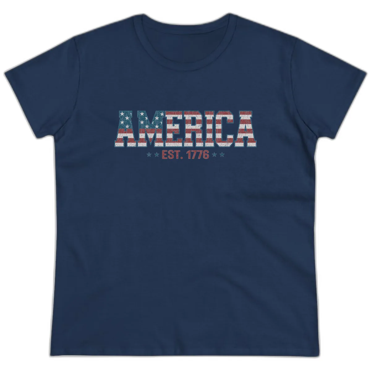 Distressed American Flag Est. 1776 Design Ladies Tee in Navy