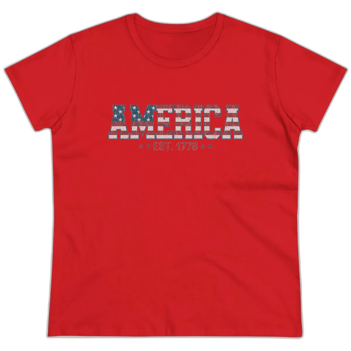 Distressed American Flag Est. 1776 Design Ladies Tee in Red