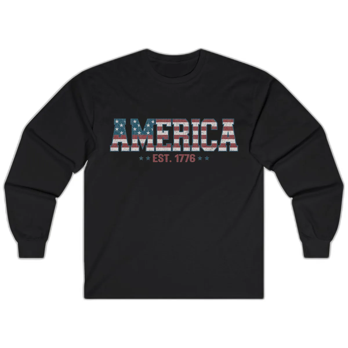 Distressed American Flag Est. 1776 Design Long Sleeve in Black