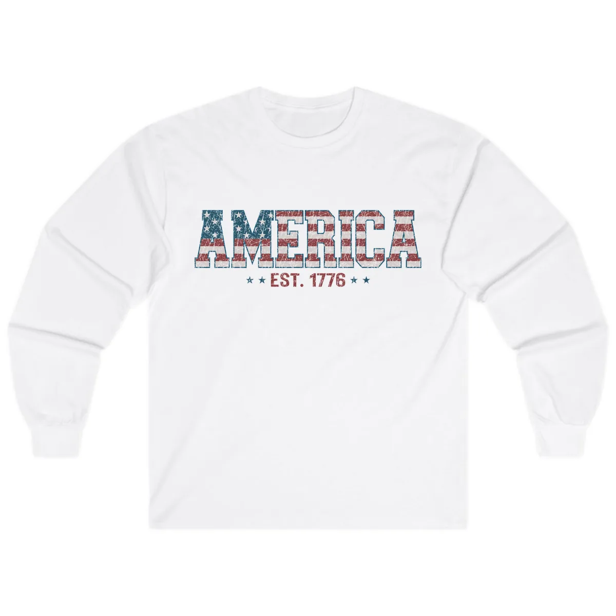 Distressed American Flag Est. 1776 Design Long Sleeve in White