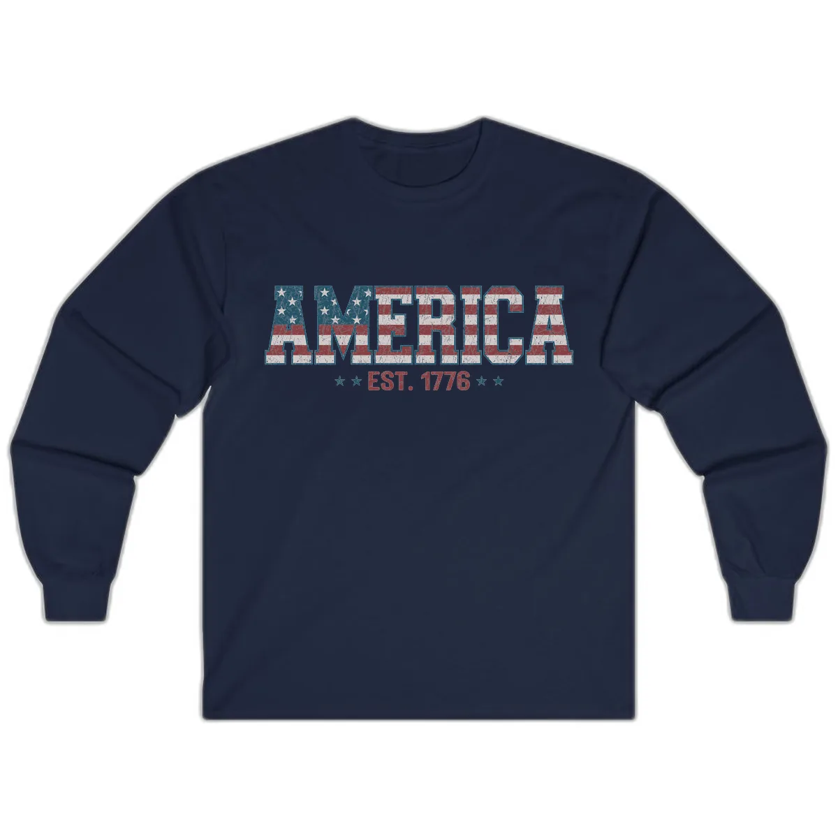 Distressed American Flag Est. 1776 Design Long Sleeve in Navy