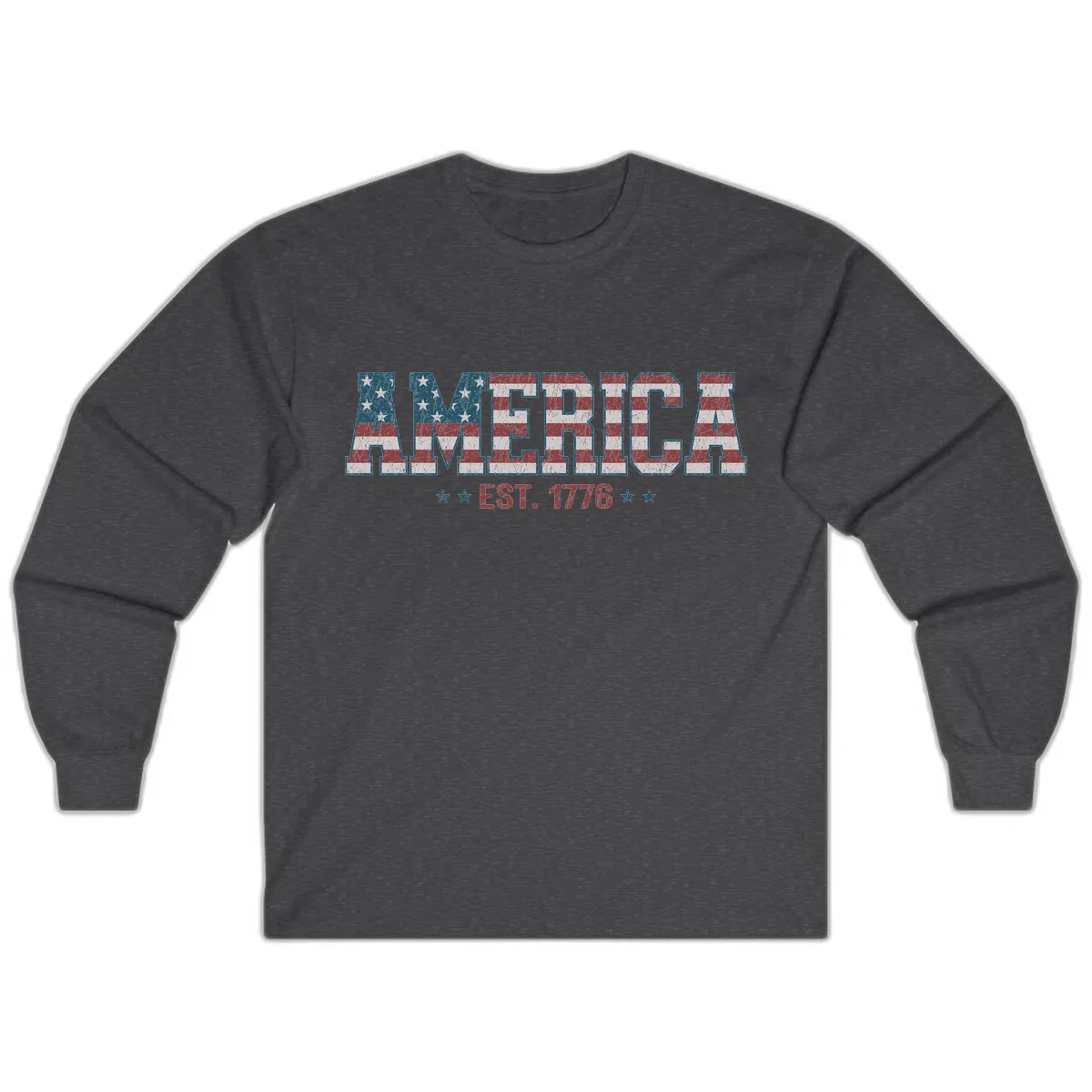 Distressed American Flag Est. 1776 Design Long Sleeve in Dark Heather