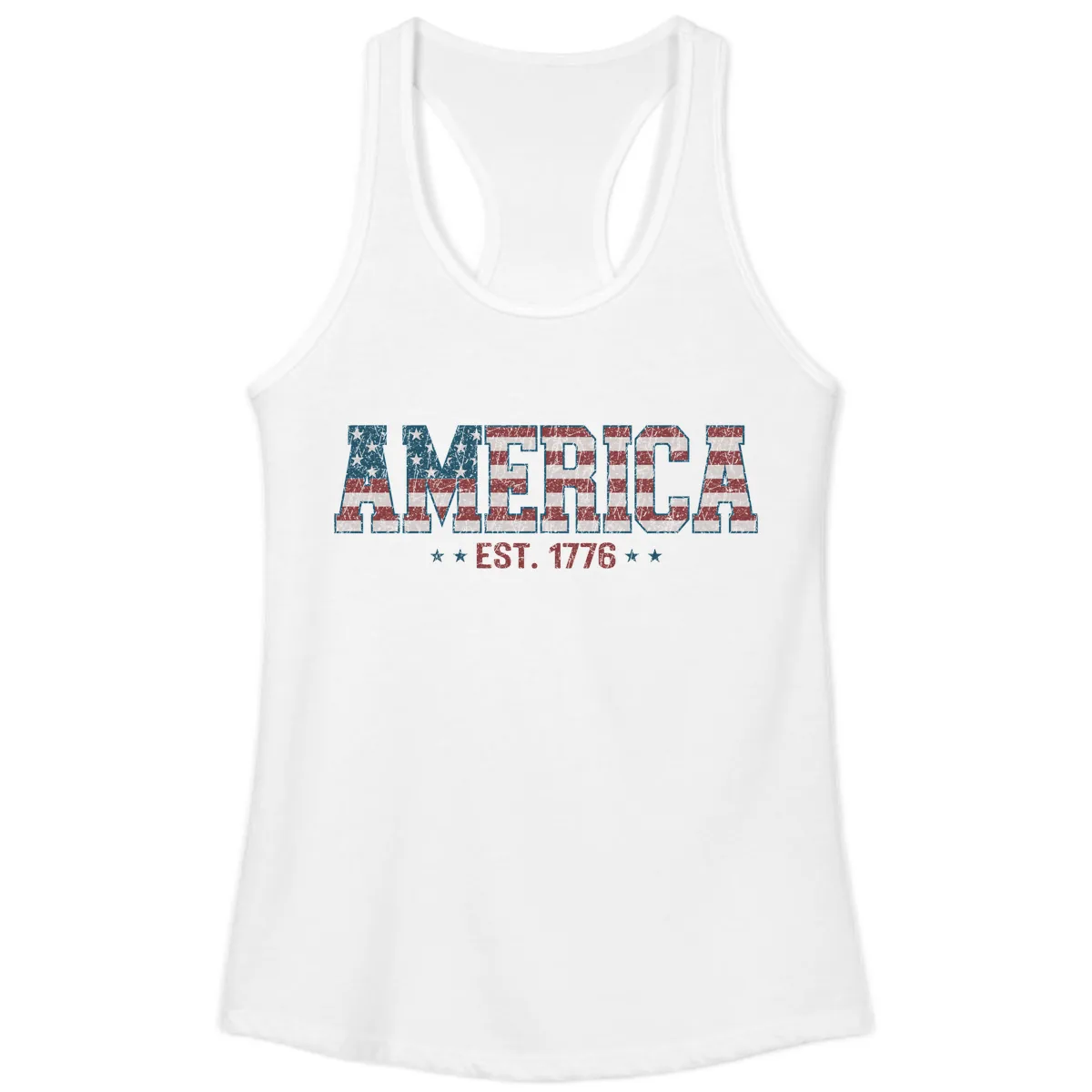 Distressed American Flag Est. 1776 Design Ladies Tank in White