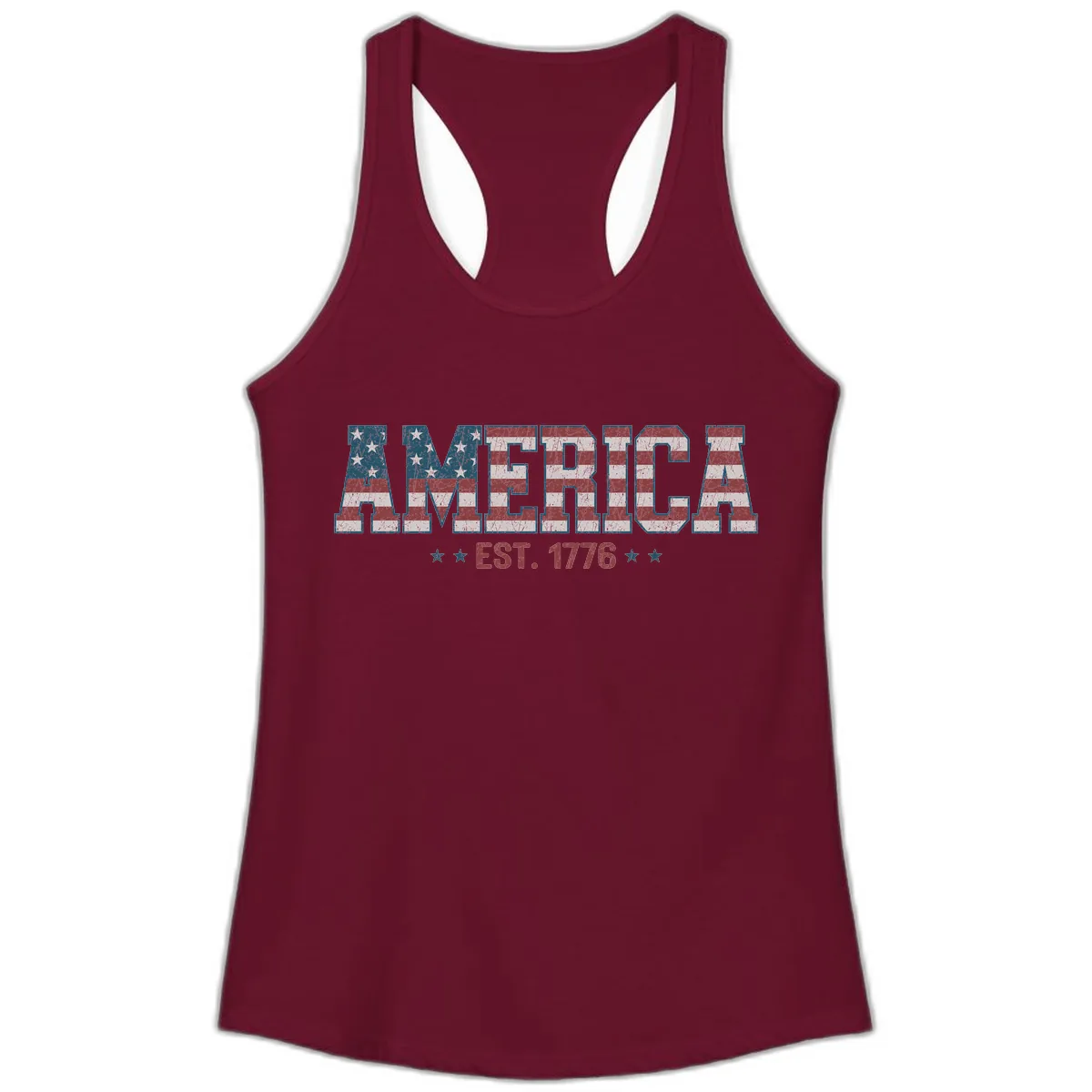 Distressed American Flag Est. 1776 Design Ladies Tank in Solid Cardinal Red