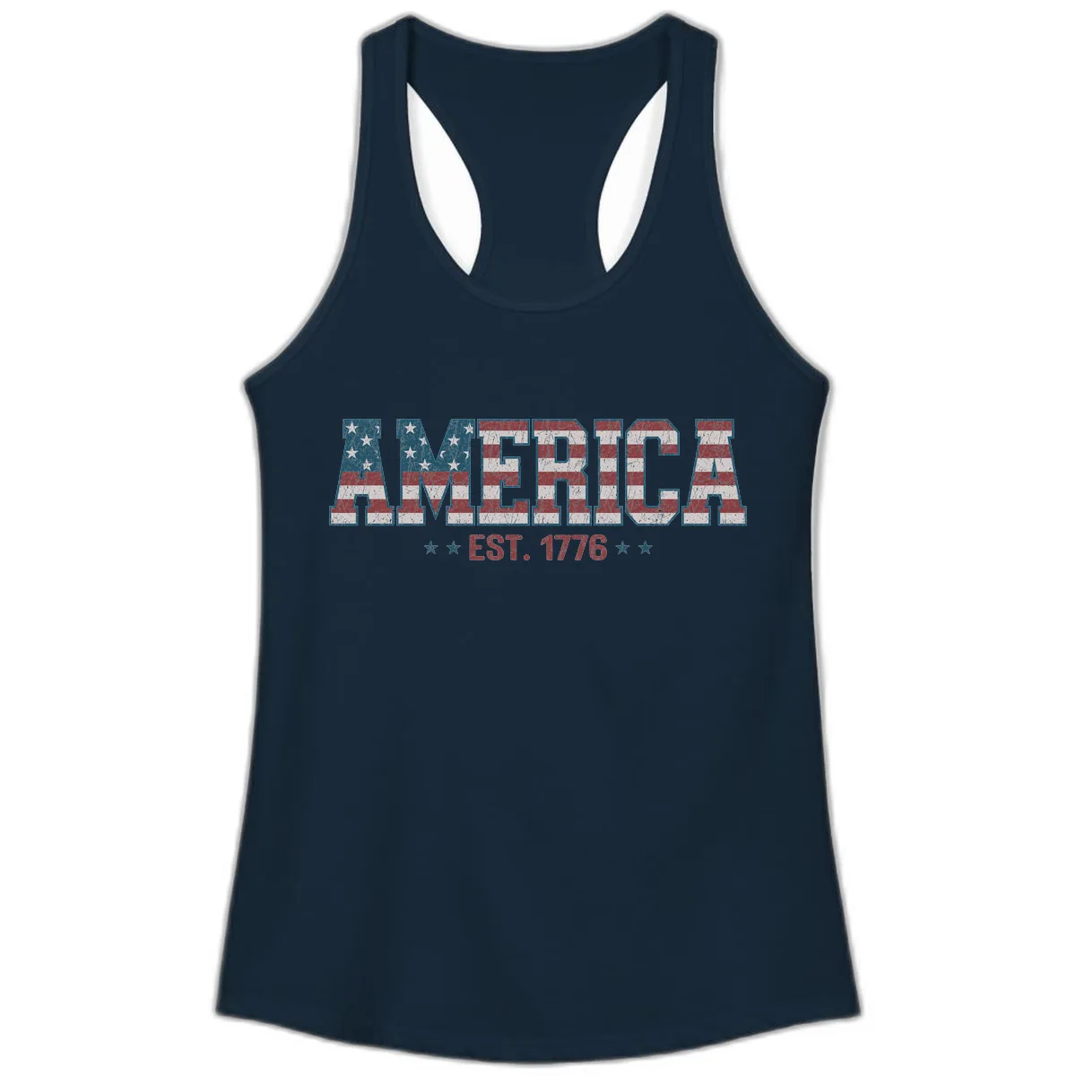 Distressed American Flag Est. 1776 Design Ladies Tank in Solid Midnight Navy