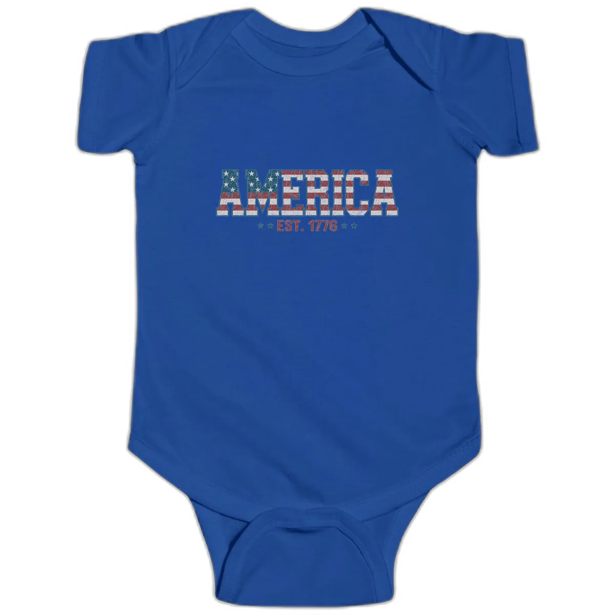 Distressed American Flag Est. 1776 Design Baby Onesie in Royal