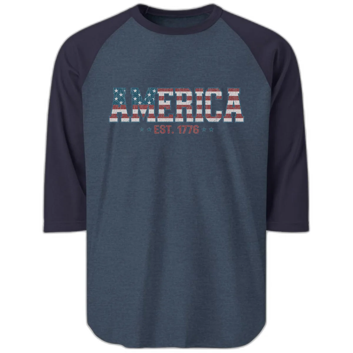Distressed American Flag Est. 1776 Design Raglan 3/4 in Heather Denim Navy