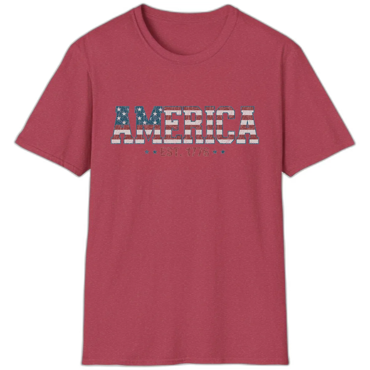 Distressed American Flag Est. 1776 Design T-Shirt in Heather Cardinal