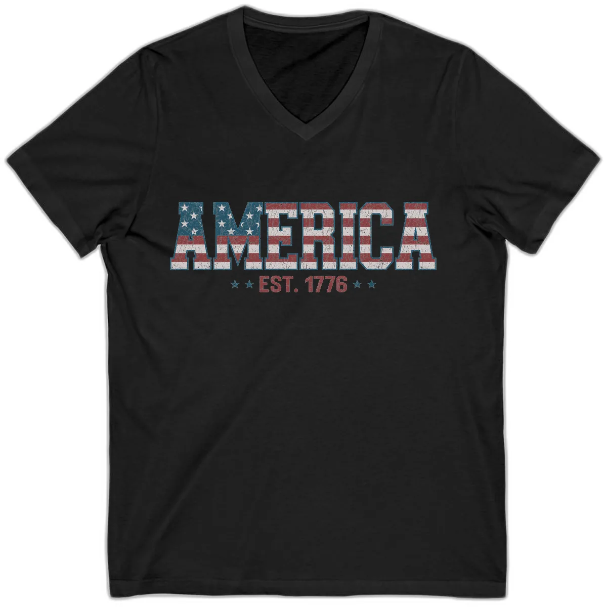 Distressed American Flag Est. 1776 Design V-Neck in Black