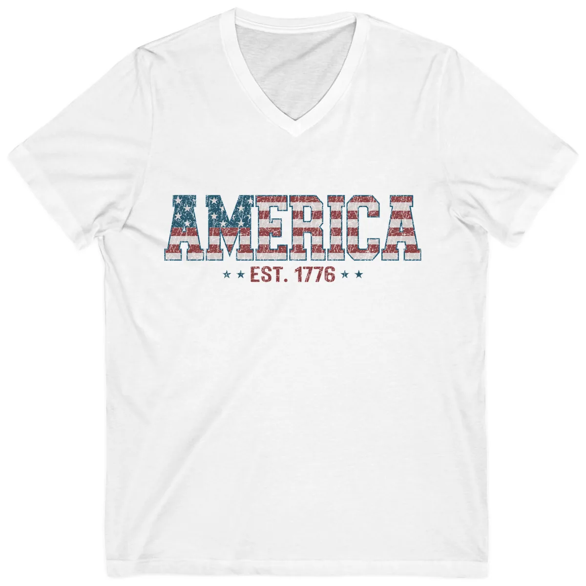 Distressed American Flag Est. 1776 Design V-Neck in White