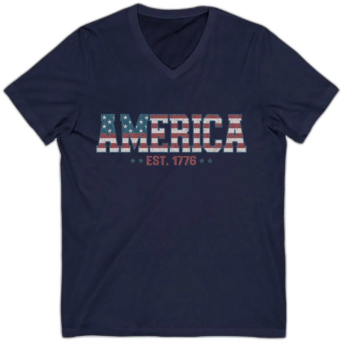 Distressed American Flag Est. 1776 Design V-Neck in Navy